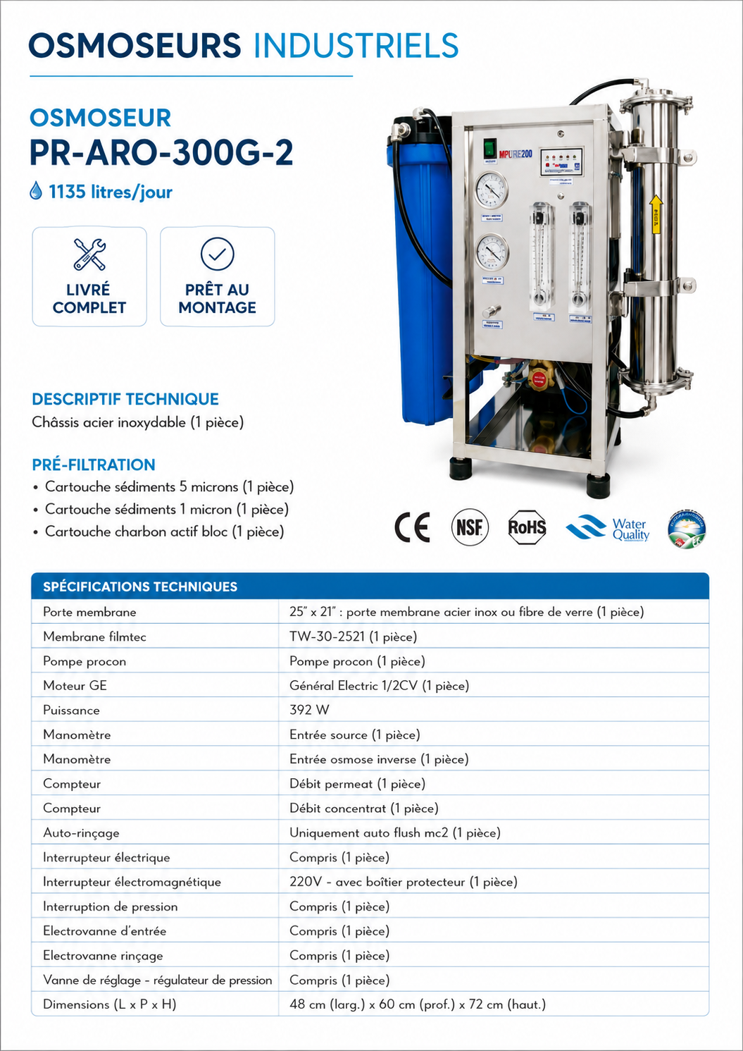 Osmoseur Industriel Aquapro PR-ARO-300G-2 — 300 GPD, 1135 LitresJour
